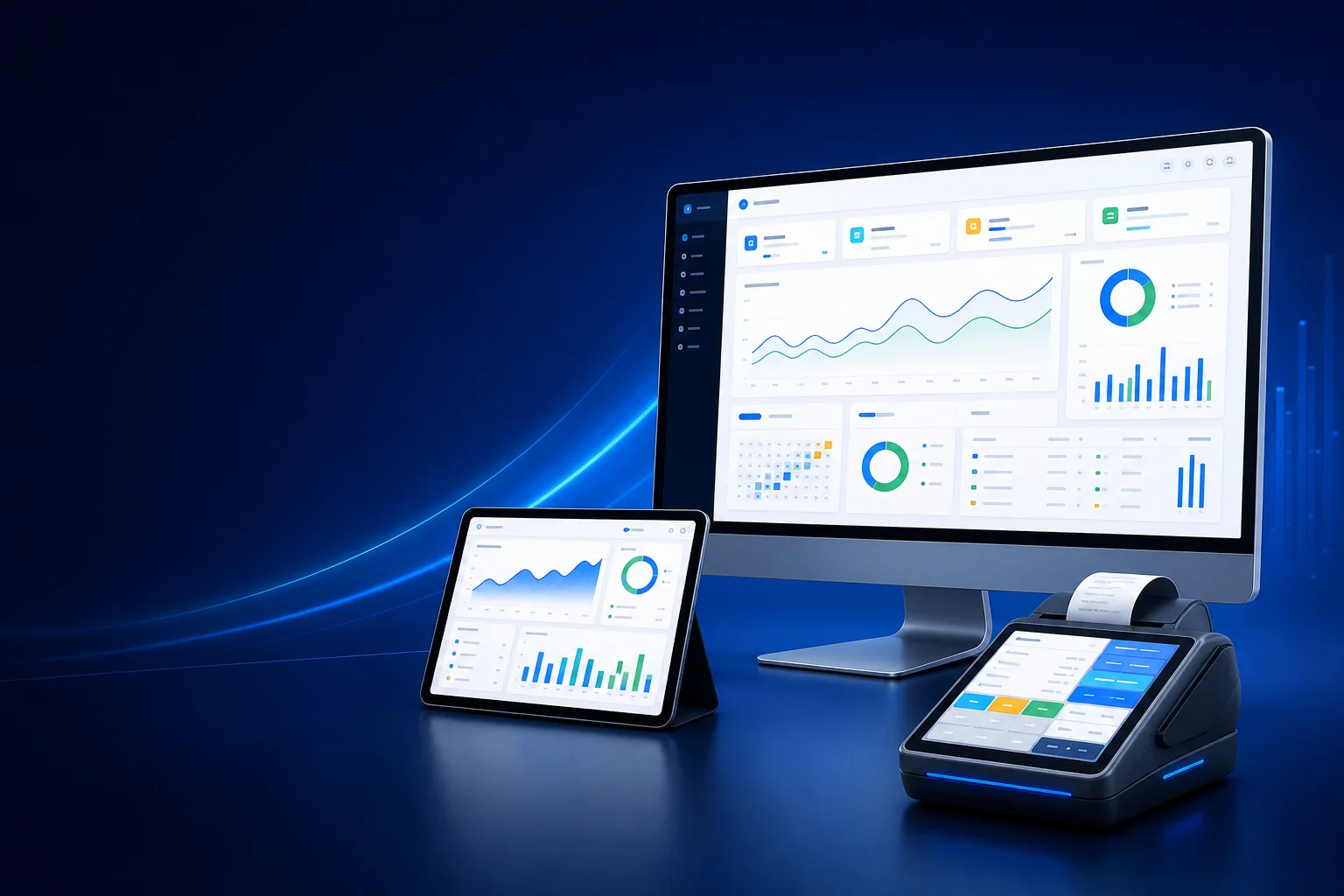 ERP dashboard, tablet and point-of-sale terminal working together