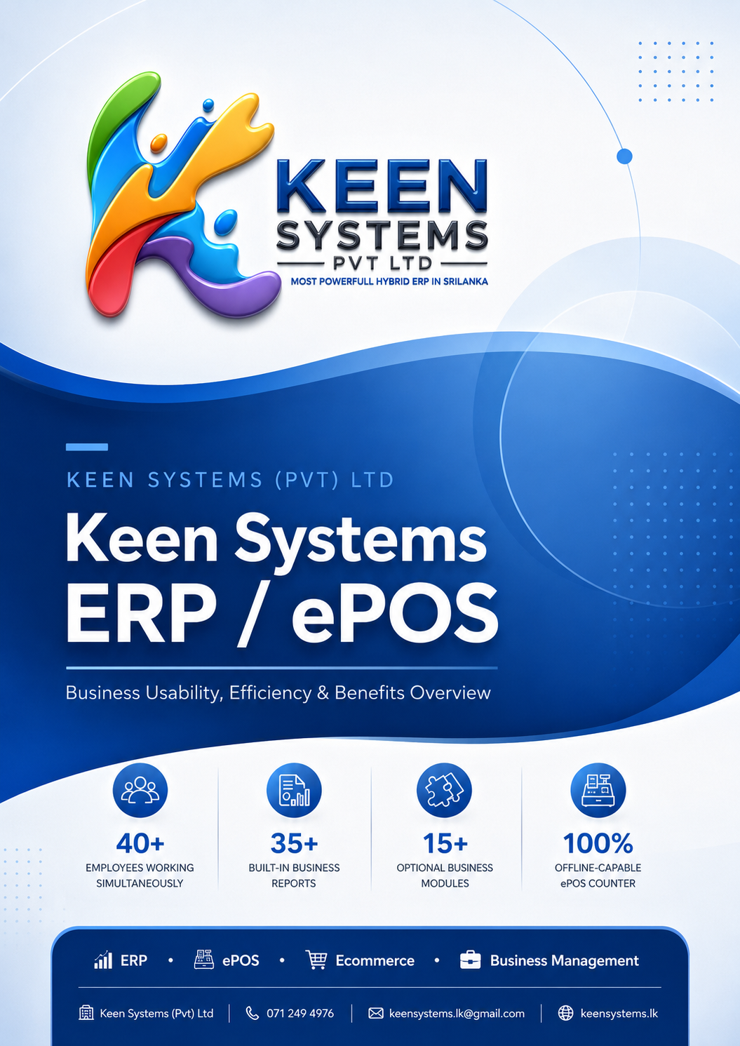 Keen Systems ERP & ePOS brochure — page 01 of 32: Cover page — Keen Systems ERP and ePOS business usability, efficiency and benefits overview. ERP software and POS system Sri Lanka.
