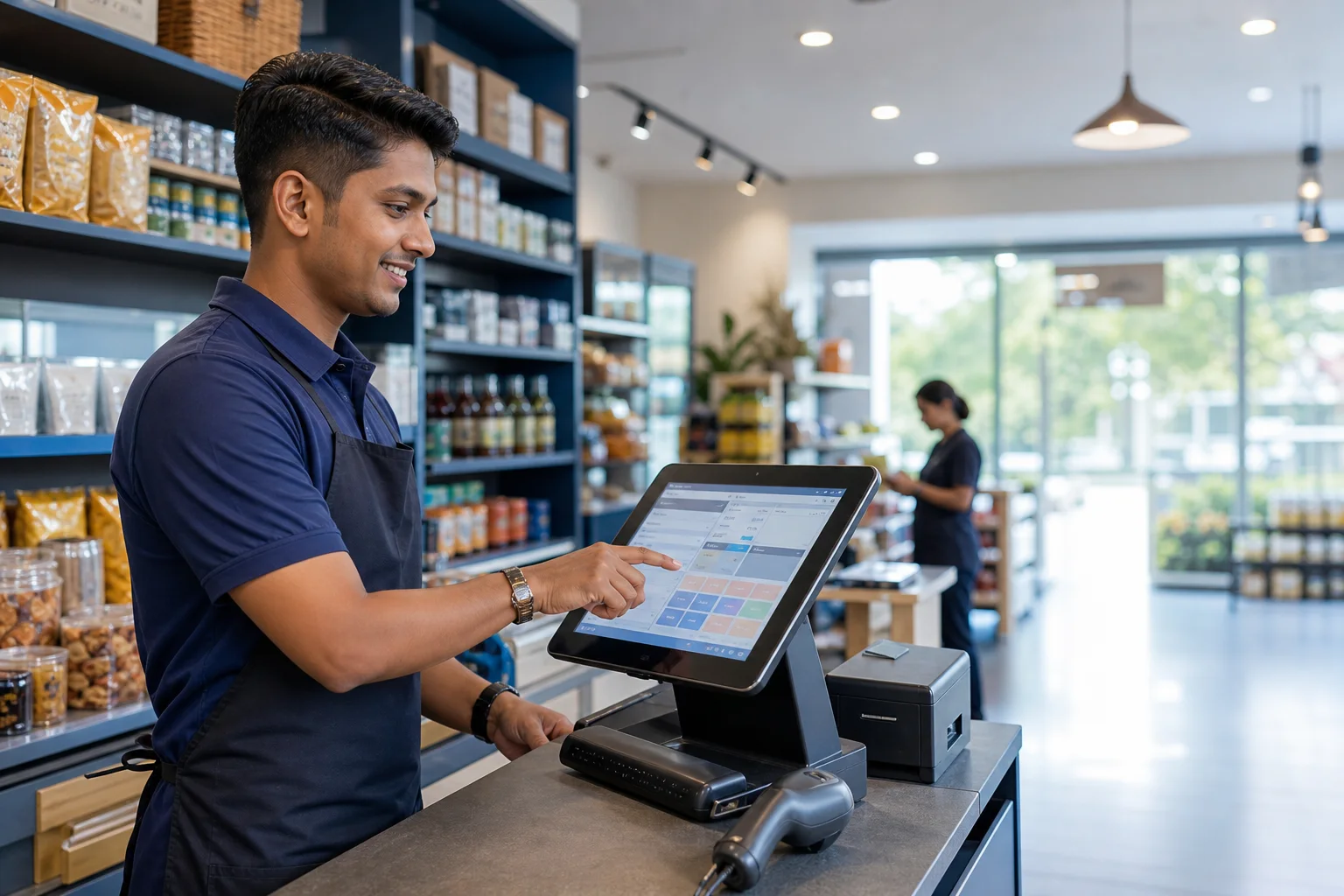 Retail employee operating a modern point-of-sale counter